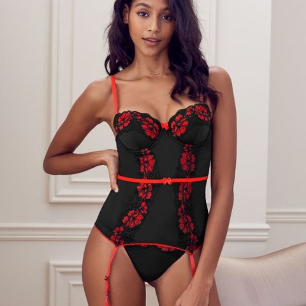 NWT Black and Red Rose Mesh Corset Lingerie